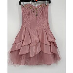 Y2K Dusty Rose Fairy Prom Dress Strapless Beaded Tulle Ruffle Mini Coquette